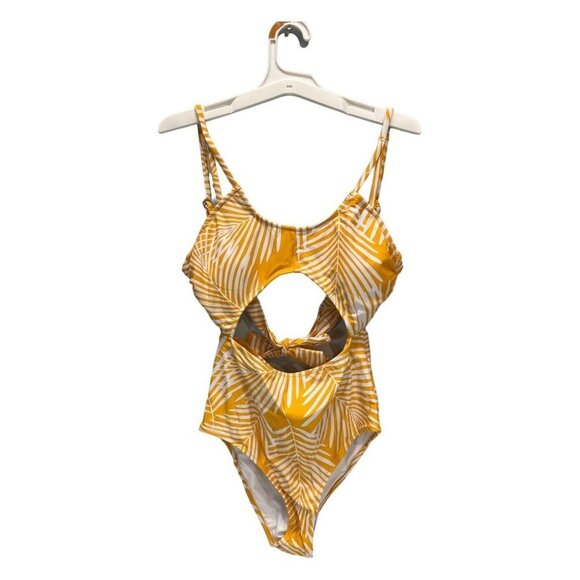 CUPSHE‎ Womens S Yellow Leaf Print Cut Out Lace Up Padded One Piece Swimsuit - Picture 1 of 3